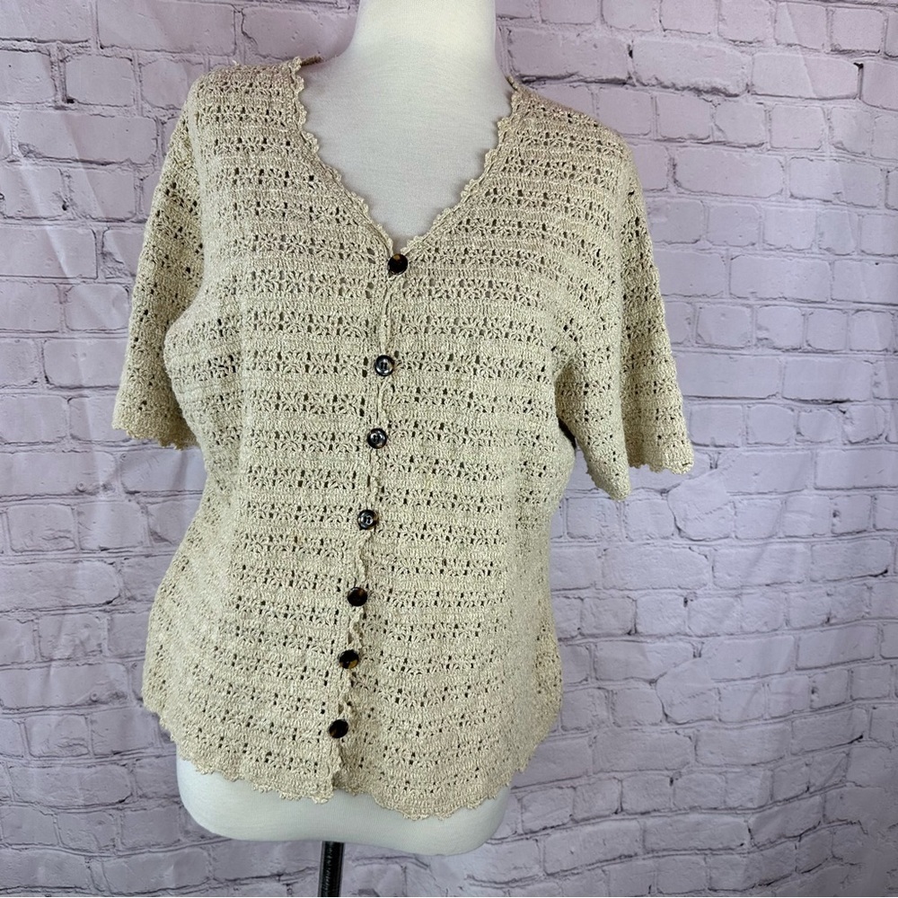 Van Heusen Cream Crochet short sleeve Cardigan top women XL boho western cottage - Picture 1 of 8